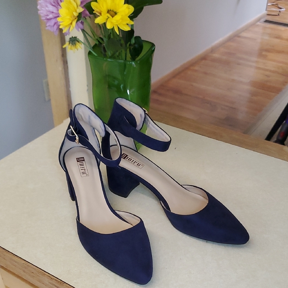 Blue Suede Heels with Ankle Strap and Pointed Toe